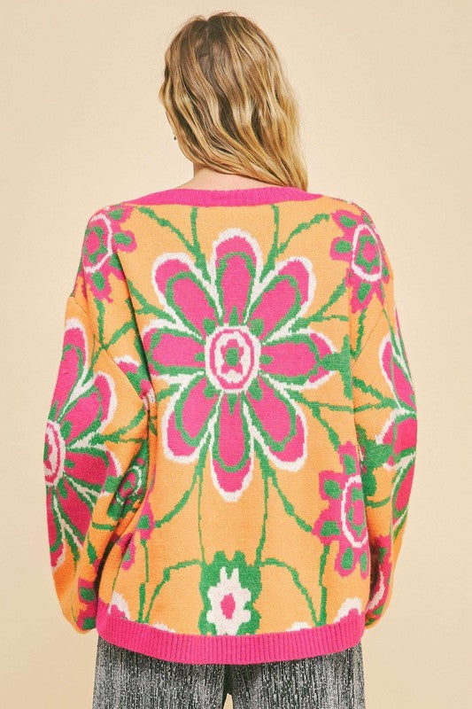 Davi & Dani Neon Sunshine Floral Contrast V-Neck Dropped Shoulder Sweater