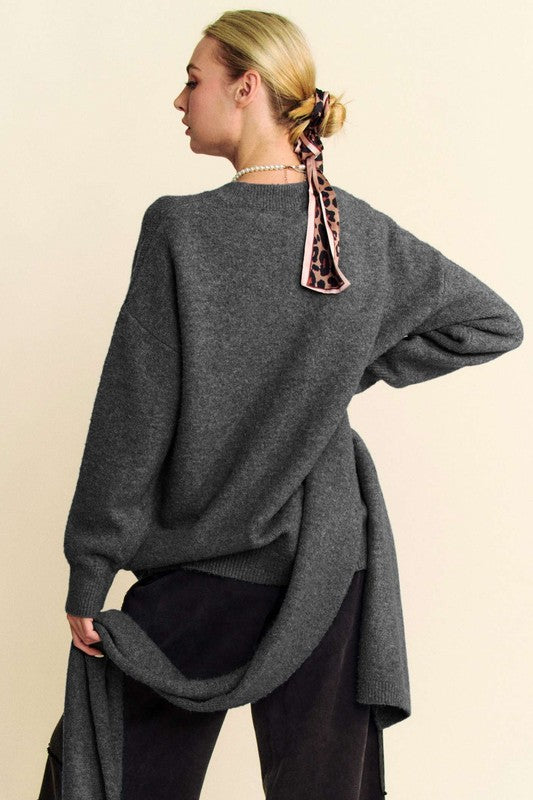 Davi & Dani Better Together V-Neck Dropped Shoulder Sweater with Scarf Set in Dark Gray