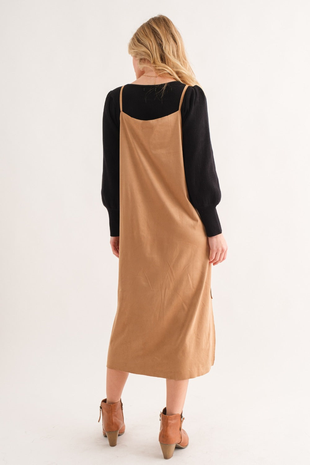 And The Why Comfort Meets Glam Faux Suede Cut Edge Slit Cami Midi Dress in Khaki