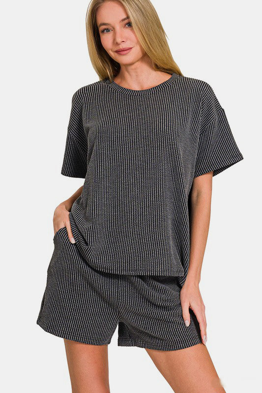 Zenana Creating My Own Sunshine Rib Short Sleeve T-Shirt and Shorts Set in Dark Gray