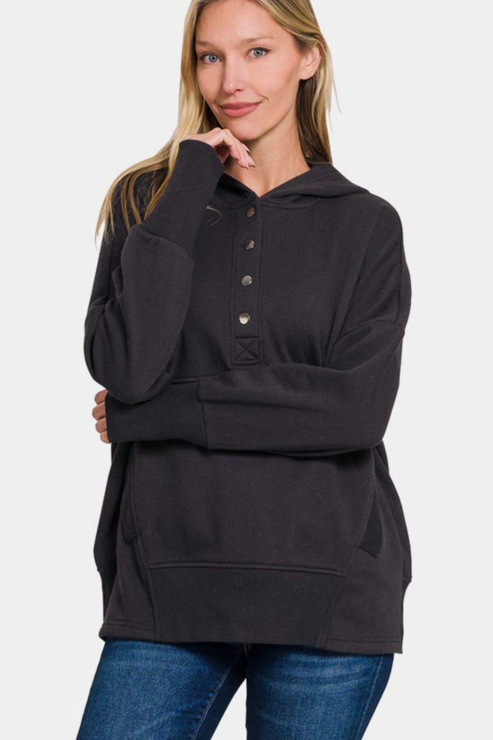 Zenana You Have My Heart Half Snap Long Sleeve Hoodie Top with Kangaroo Pocket in Black