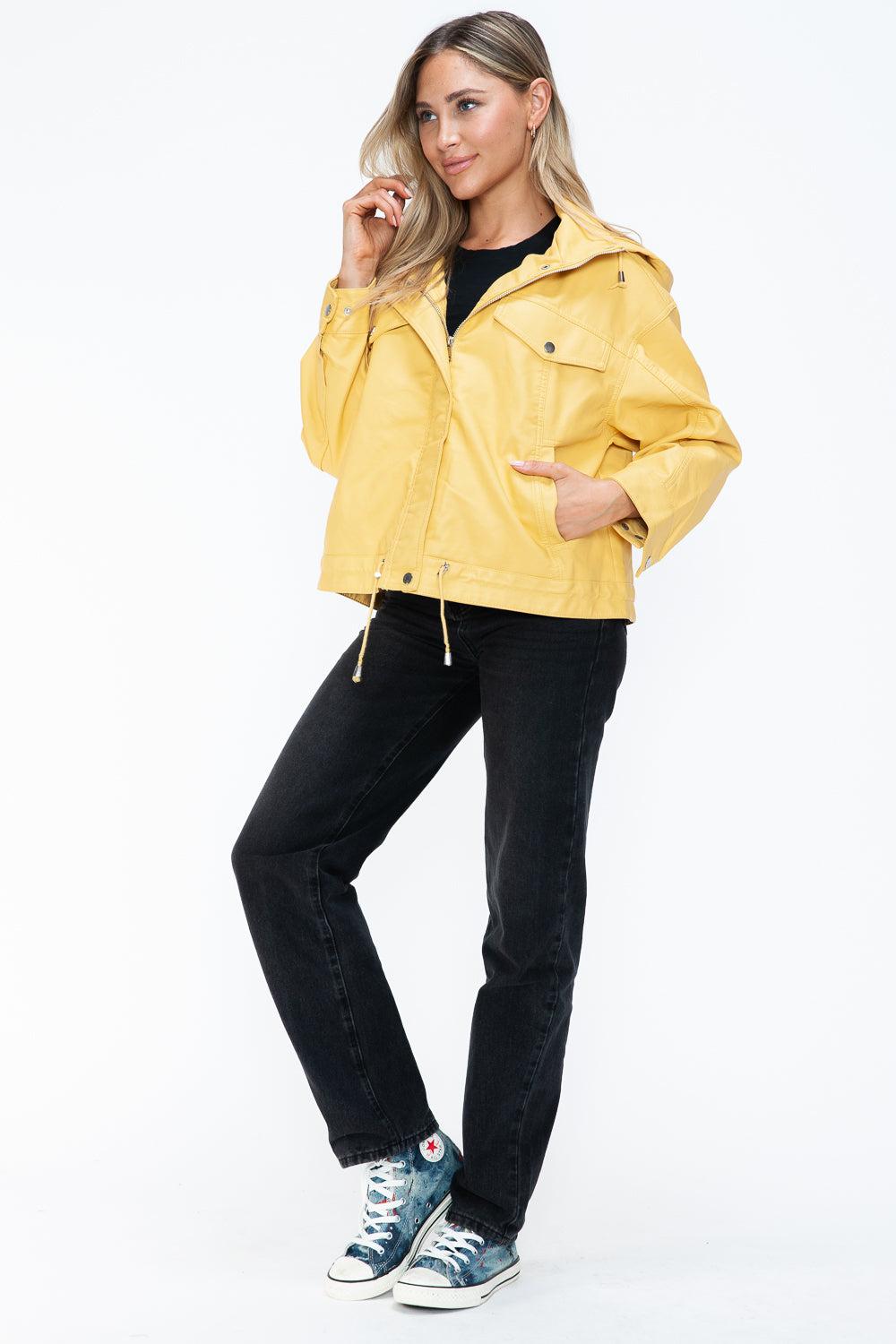 How Dare U My Favorite Layer Drawstring Hem PU Leather Zip Up Jacket in Pale Yellow