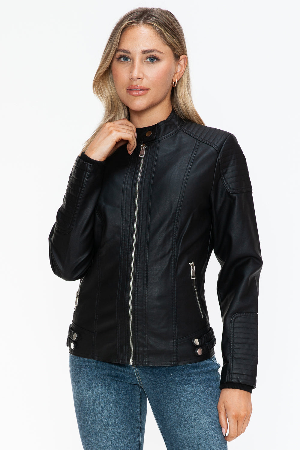 Snobbish A Wild Ride Faux Leather Biker Jacket with Side Zip Pockets in Black