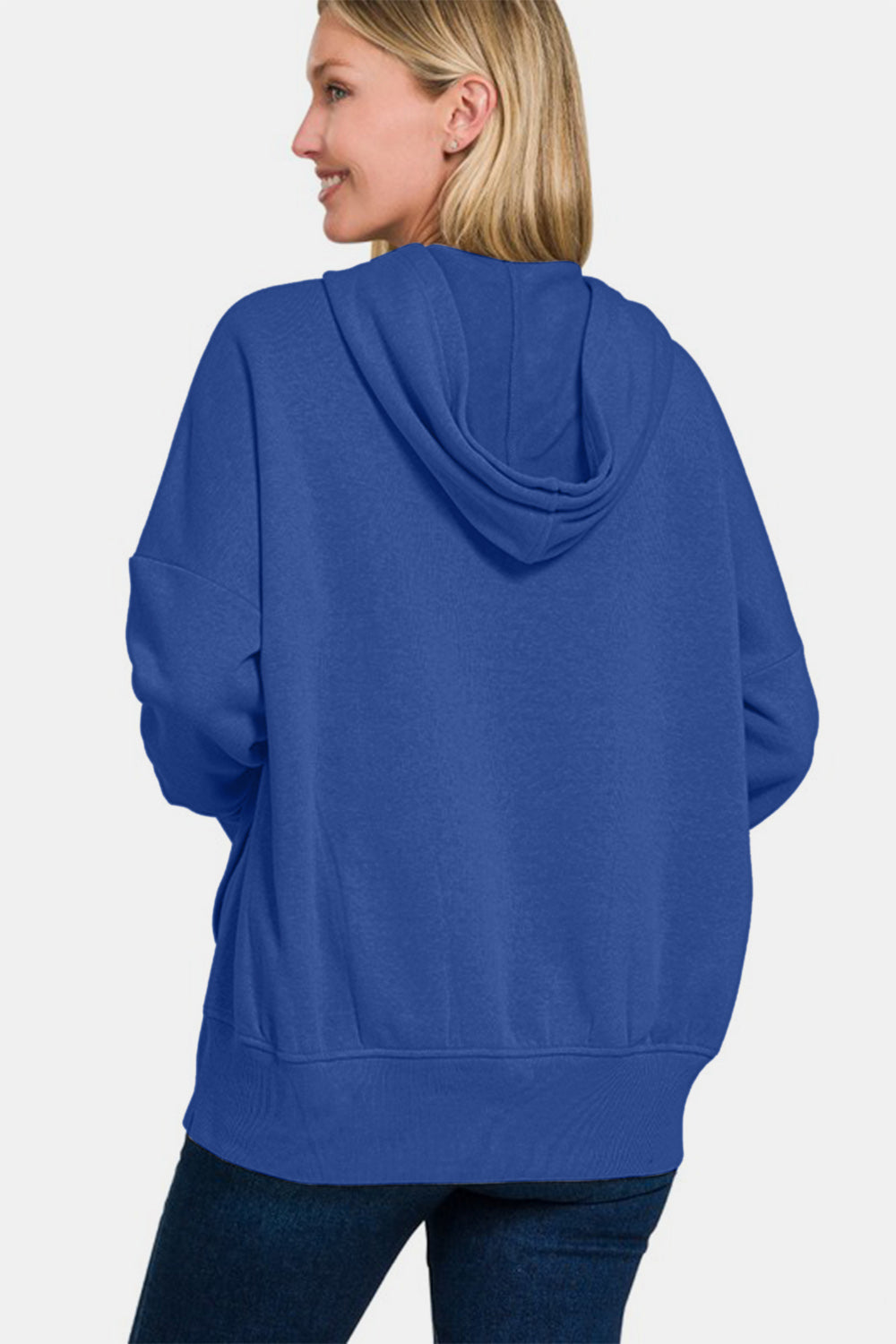 Zenana You Have My Heart Half Snap Long Sleeve Hoodie with Kangaroo Pocket in Navy