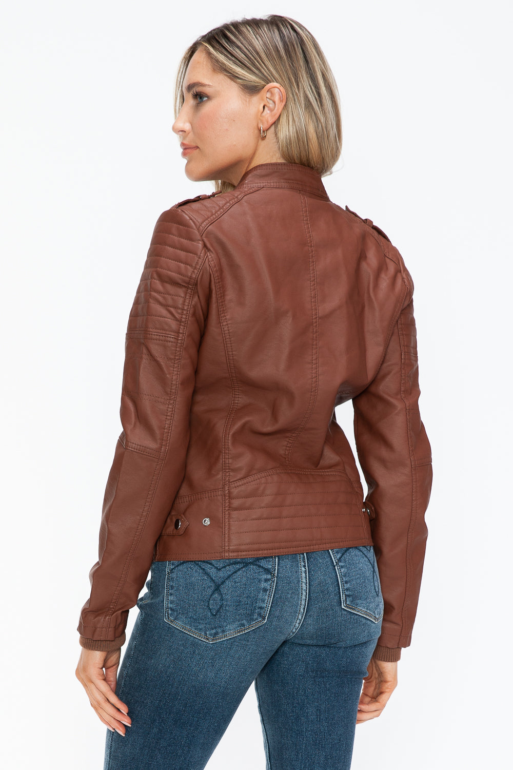 Snobbish Born To Ride PU Leather Biker Jacket with Side Zip Pockets in Brandy