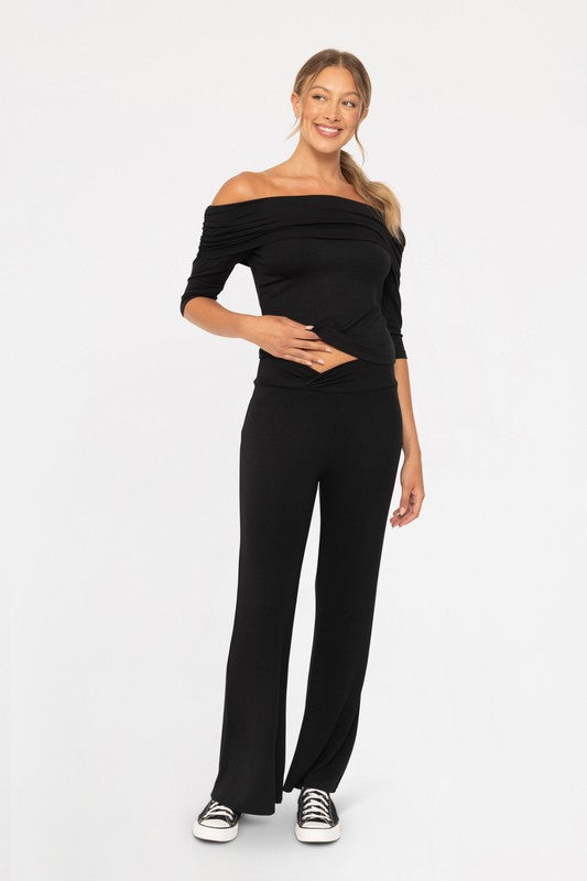 Mono B Yoga Then Cocoa Cross Pleat Flare Pants in Black