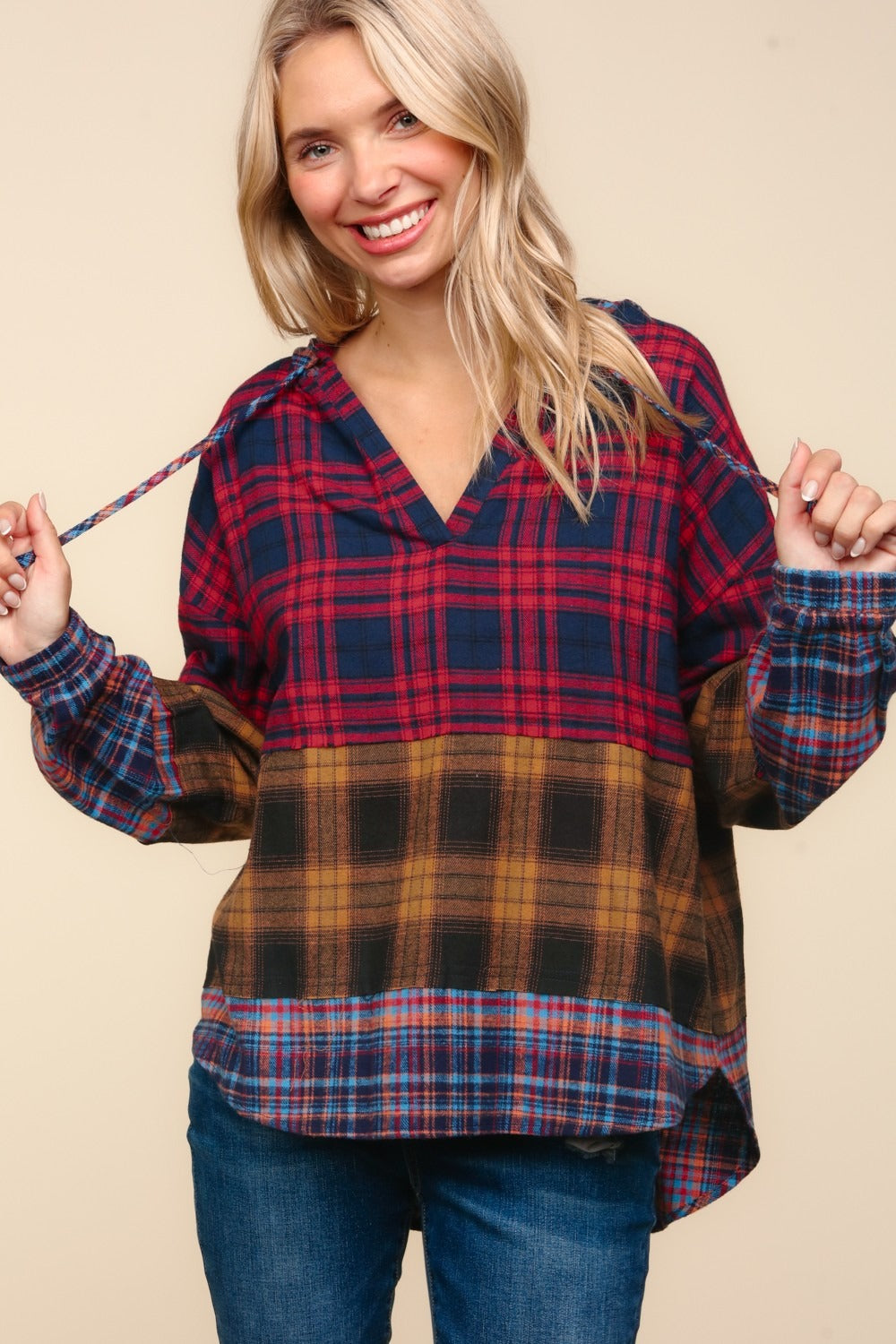 Haptics In My Plaid World Edge Cut Detail Hooded Top