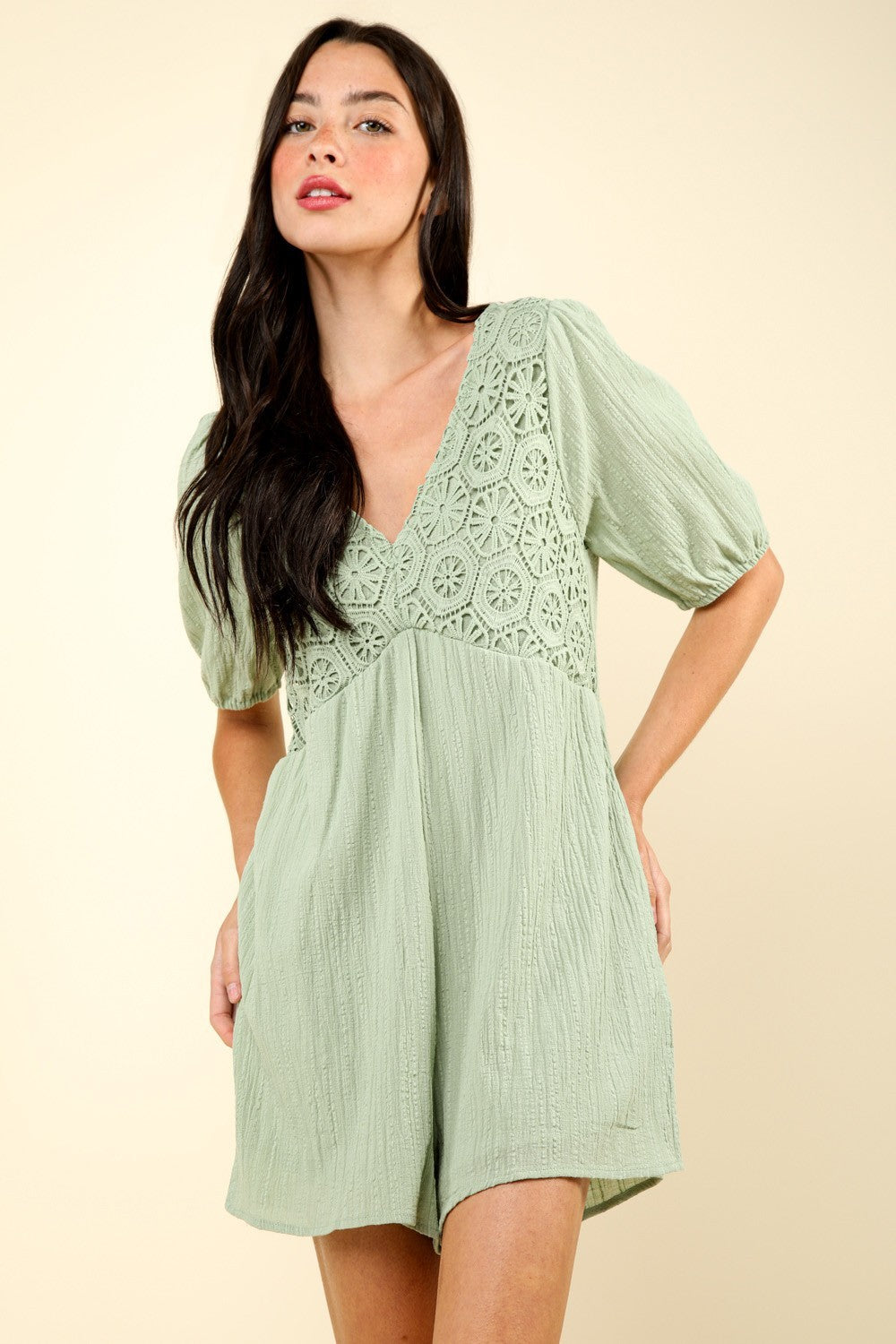 VERY J Date Night Lace Detail Puff Sleeve Romper with Pockets in Sage