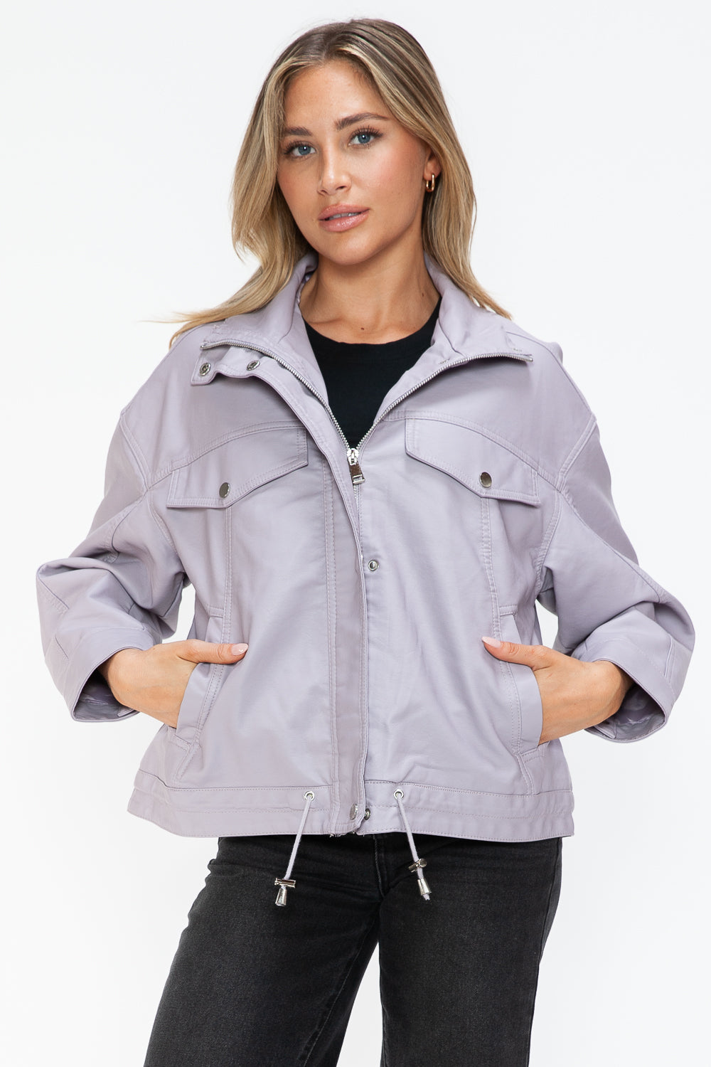 How Dare U My Favorite Layer Drawstring Hem PU Leather Zip Up Jacket in Lilac