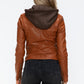 Snobbish Embrace The Day Faux Leather Zip Up Drawstring Hooded Jacket in Camel