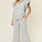 Double Take Butterfly Kisses Texture Ruffle Short Sleeve Top and Drawstring Wide Leg Pants Set