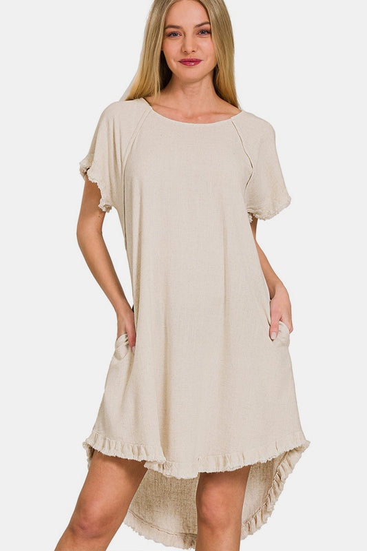 Zenana Spotted Downtown Fringe Edge High Low Flowy Dress with Pockets in Beige