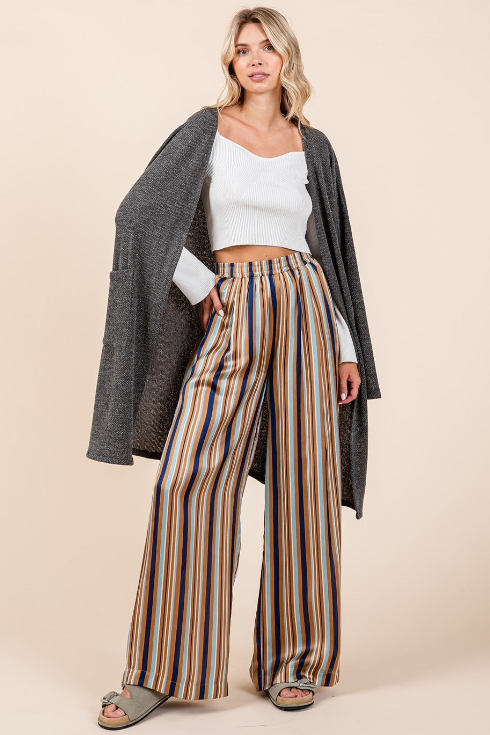 Mittoshop Oh Hey There Striped Satin Elastic Waist Wide Leg Pants in Navy Multi