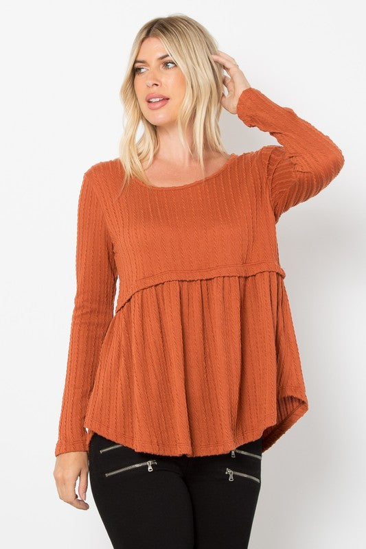 Be Stage Be The One Texture Babydoll Long Sleeve Knit Top