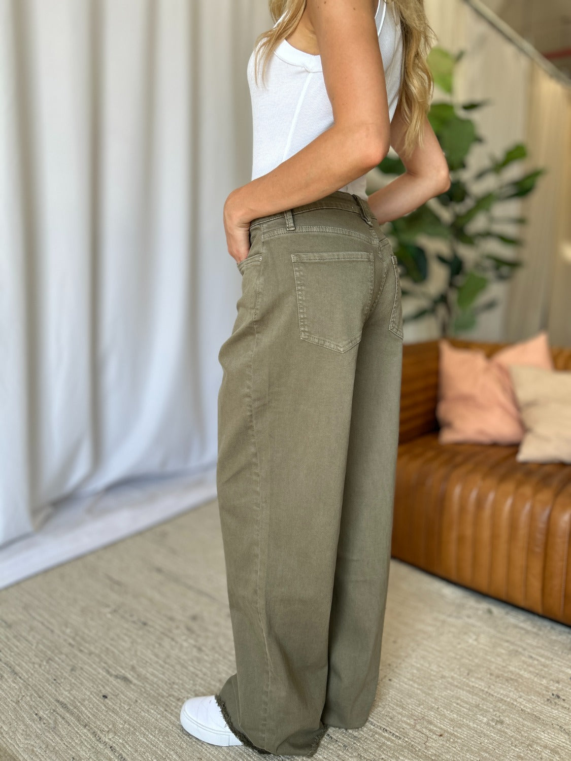 RFM Dani High Rise Garment Dye Wide Leg Jeans in Sage