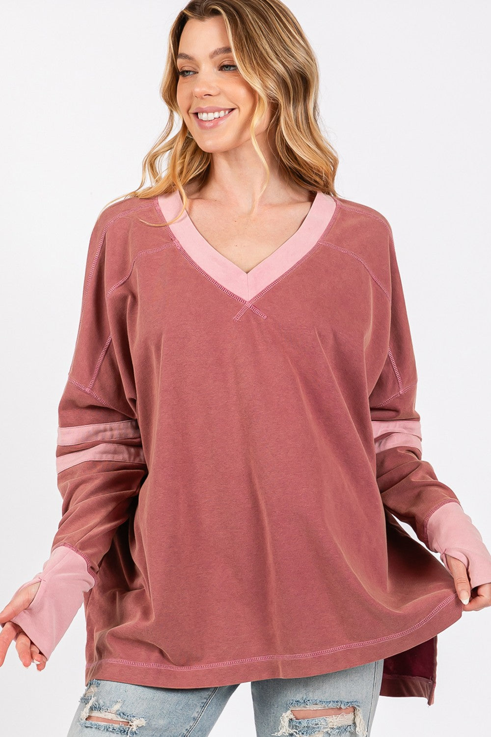 SAGE + FIG Mulberry Lane Mineral Wash Side Slit Contrast T-Shirt