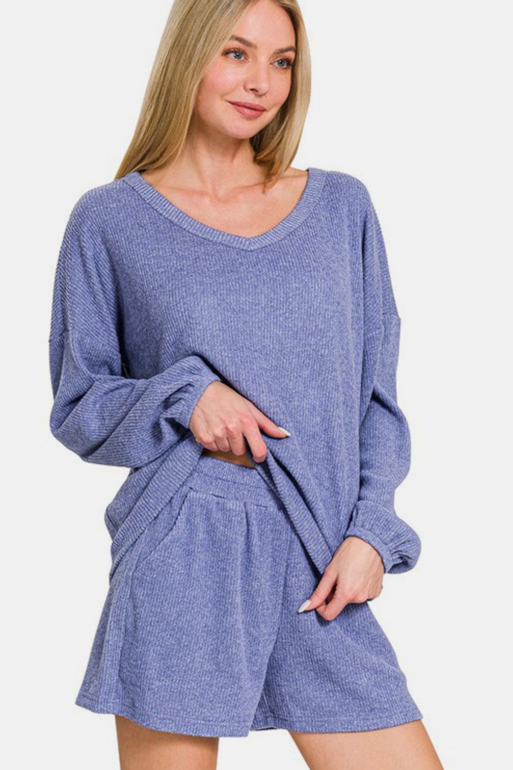 Zenana Collecting Moments V-Neck Long Sleeve Ribbed Top and Shorts Set in Blue Purple