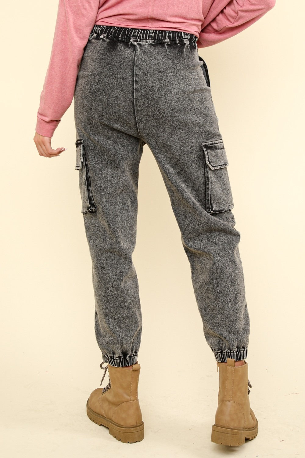 VERY J Good Vibes Washed Drawstring Jogger Cargo Jeans in Black Denim