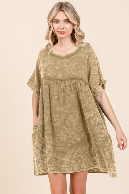 Culture Code Relaxed Babydoll Short Sleeve Babydoll Texture Dress with Pockets in Iced Coffee