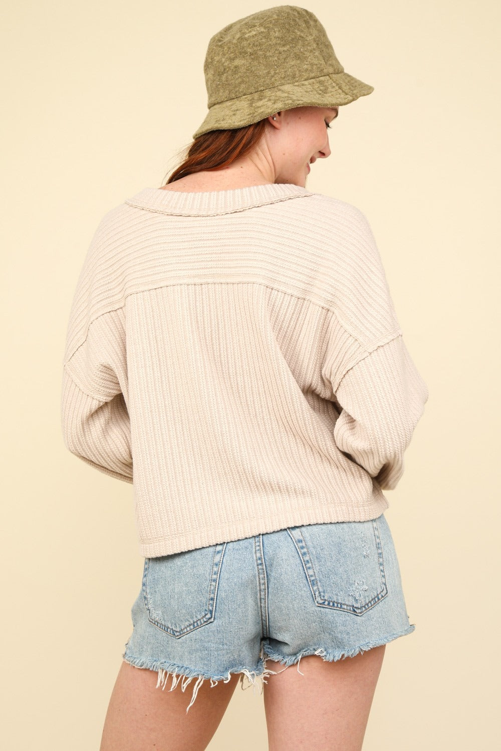 VERY J Knit Happens Exposed Seam V-Neck Ribbed Knit Top in Ecru