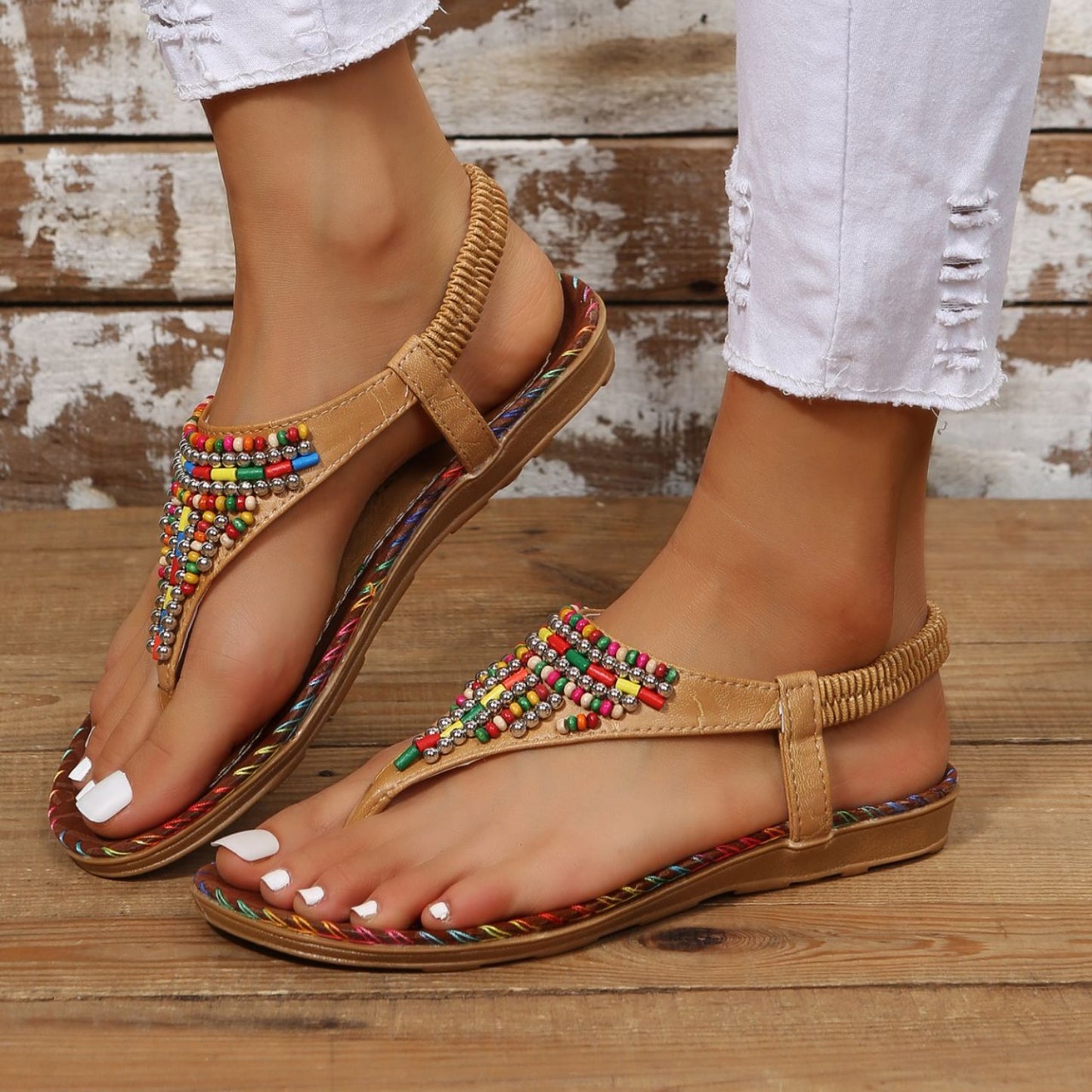 Beaded Summer Bliss PU Leather Open Toe Sandals