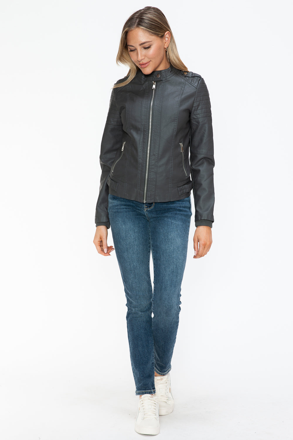 Snobbish Born To Ride PU Leather Biker Jacket with Side Zip Pockets in Charcoal