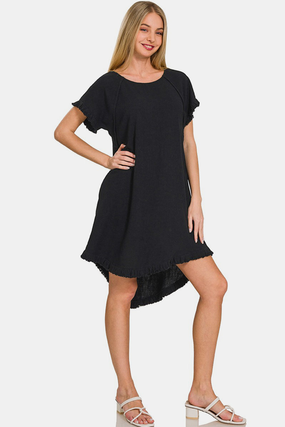 Zenana Spotted Downtown Fringe Edge High Low Flowy Dress with Pockets in Black