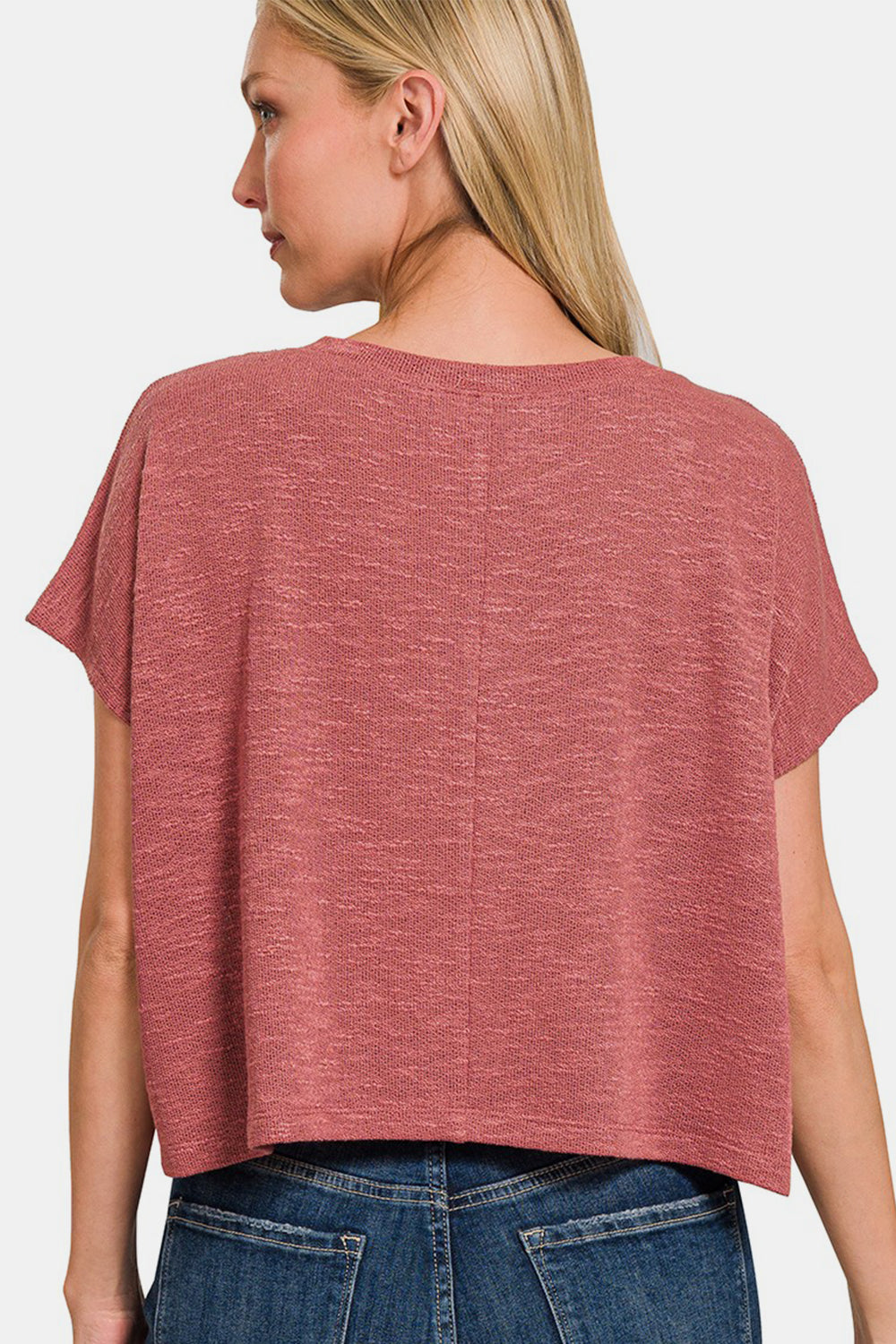 Zenana Back To Simple V-Neck Short Sleeve Crop T-Shirt in Rose