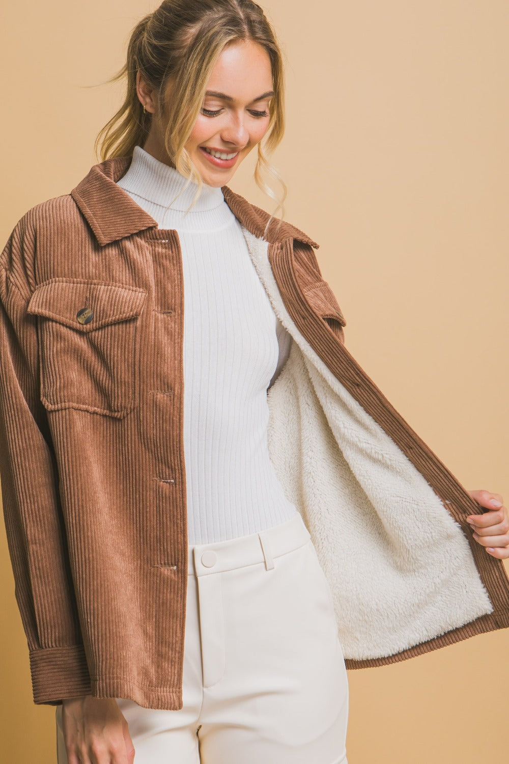 Love Tree Fall In Love Corduroy Button Up Jacket with Sherpa Inside in Cocoa