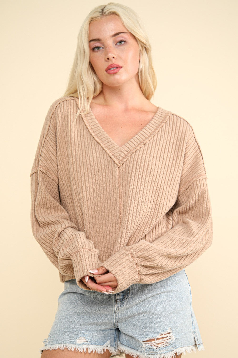 VERY J Knit Happens Exposed Seam V-Neck Ribbed Knit Top in Mocha