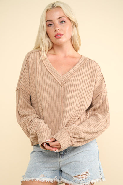 VERY J Knit Happens Exposed Seam V-Neck Ribbed Knit Top in Mocha