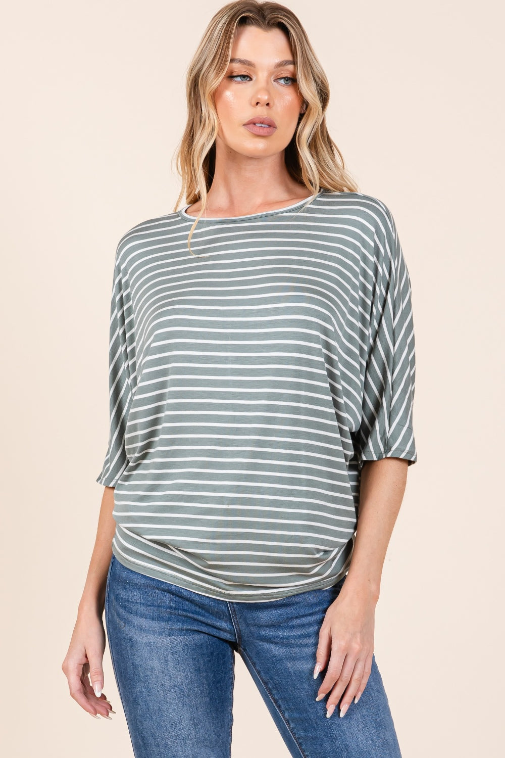 BOMBOM Casually Striped Boat Neck Dolman Sleeve Top in Dusty Olive