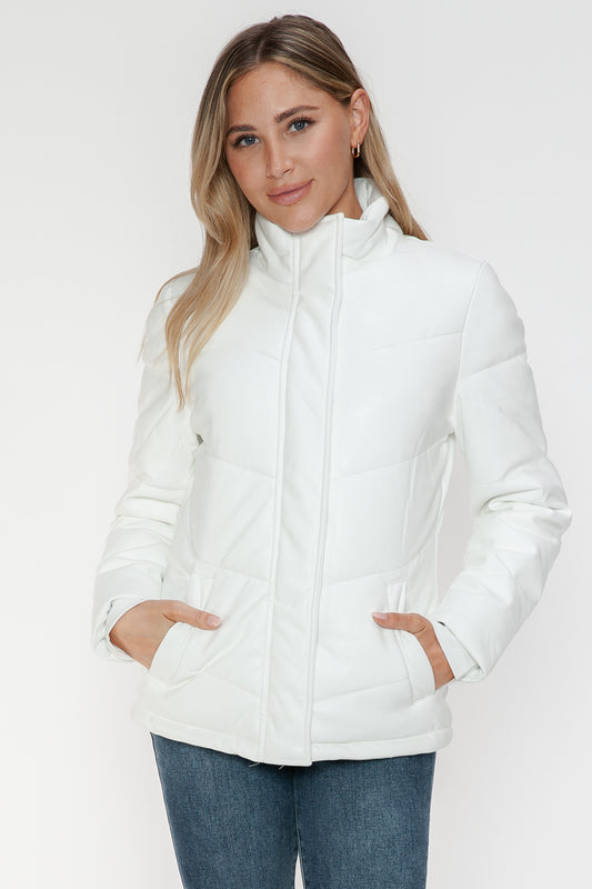 Snobbish Puffer Love Pocketed Zip Up Turtleneck Puffer Jacket in White