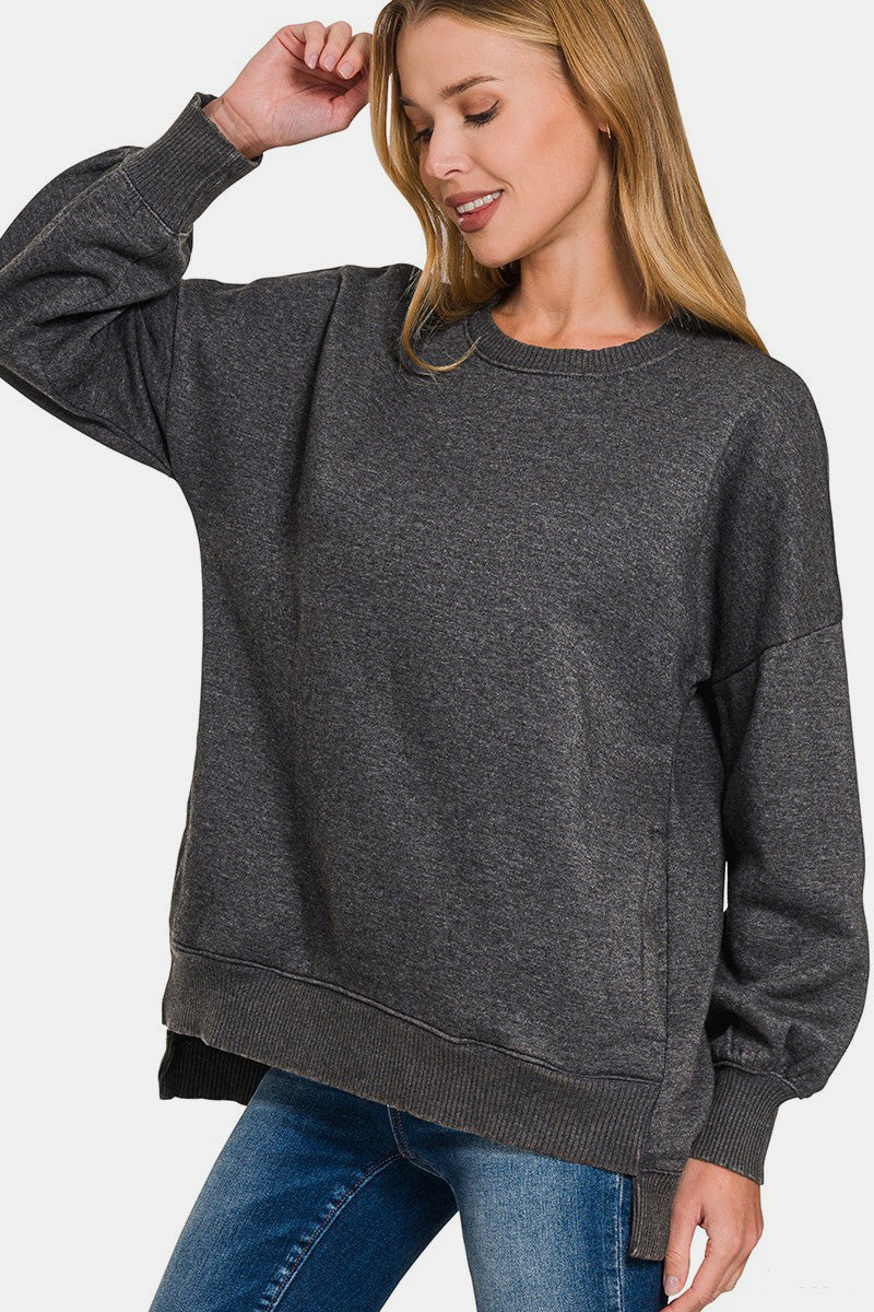 Zenana Endless Vibes High-Low Acid Wash Fleece Sweatshirt in Black