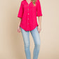 BOMBOM Fuchsia Rose Texture Decorative Button V-Neck Top