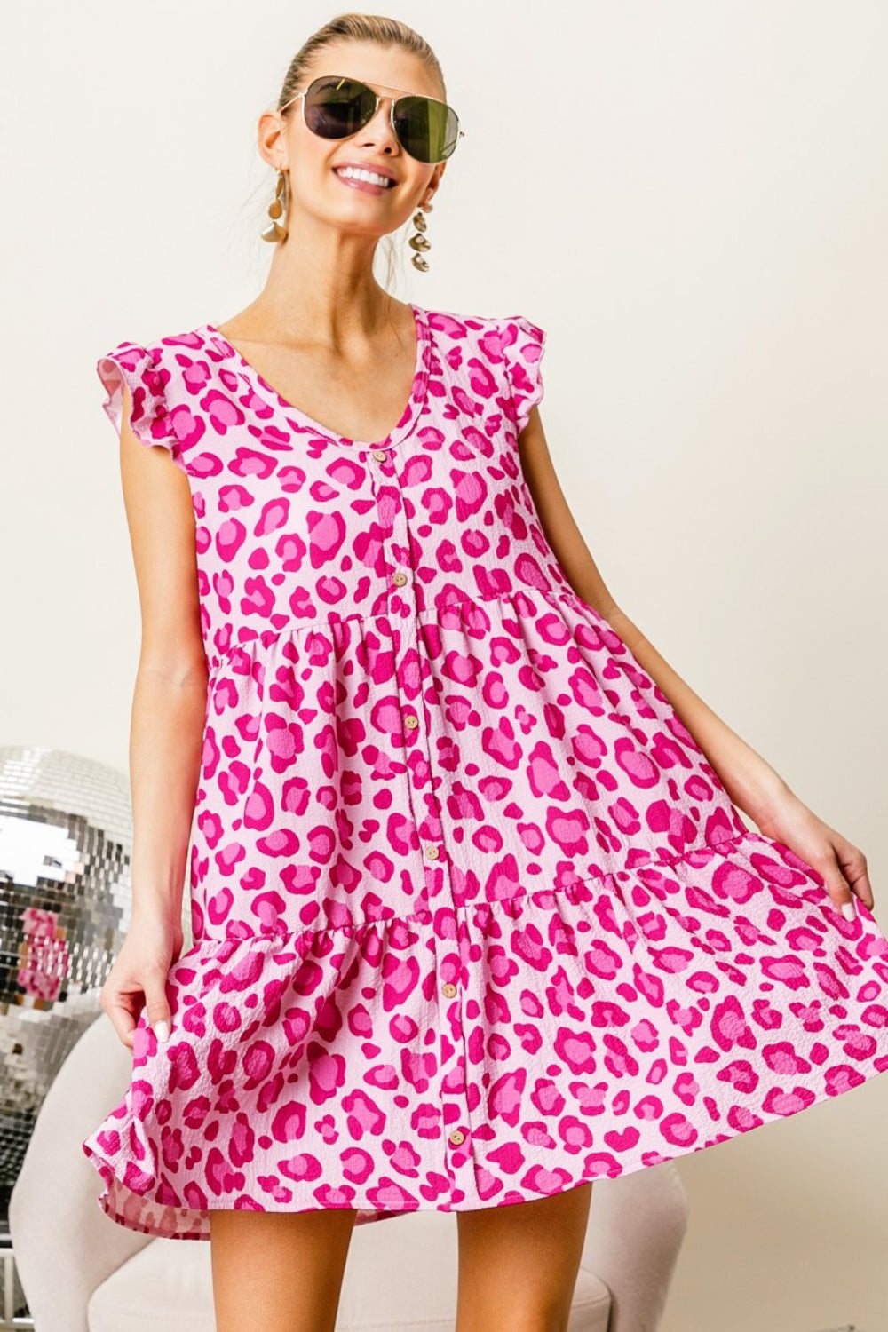 BiBi Pink Leopard Cap Sleeve Tiered Mini Dress