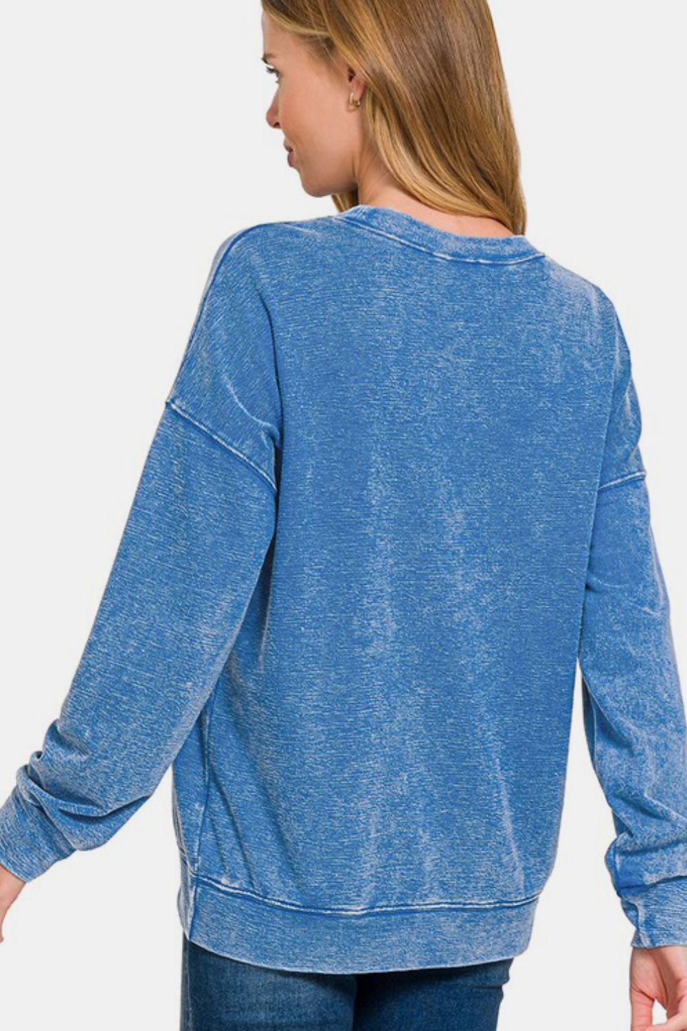 Zenana Laid Back Vibes Washed Dropped Shoulder Sweatshirt in Blue