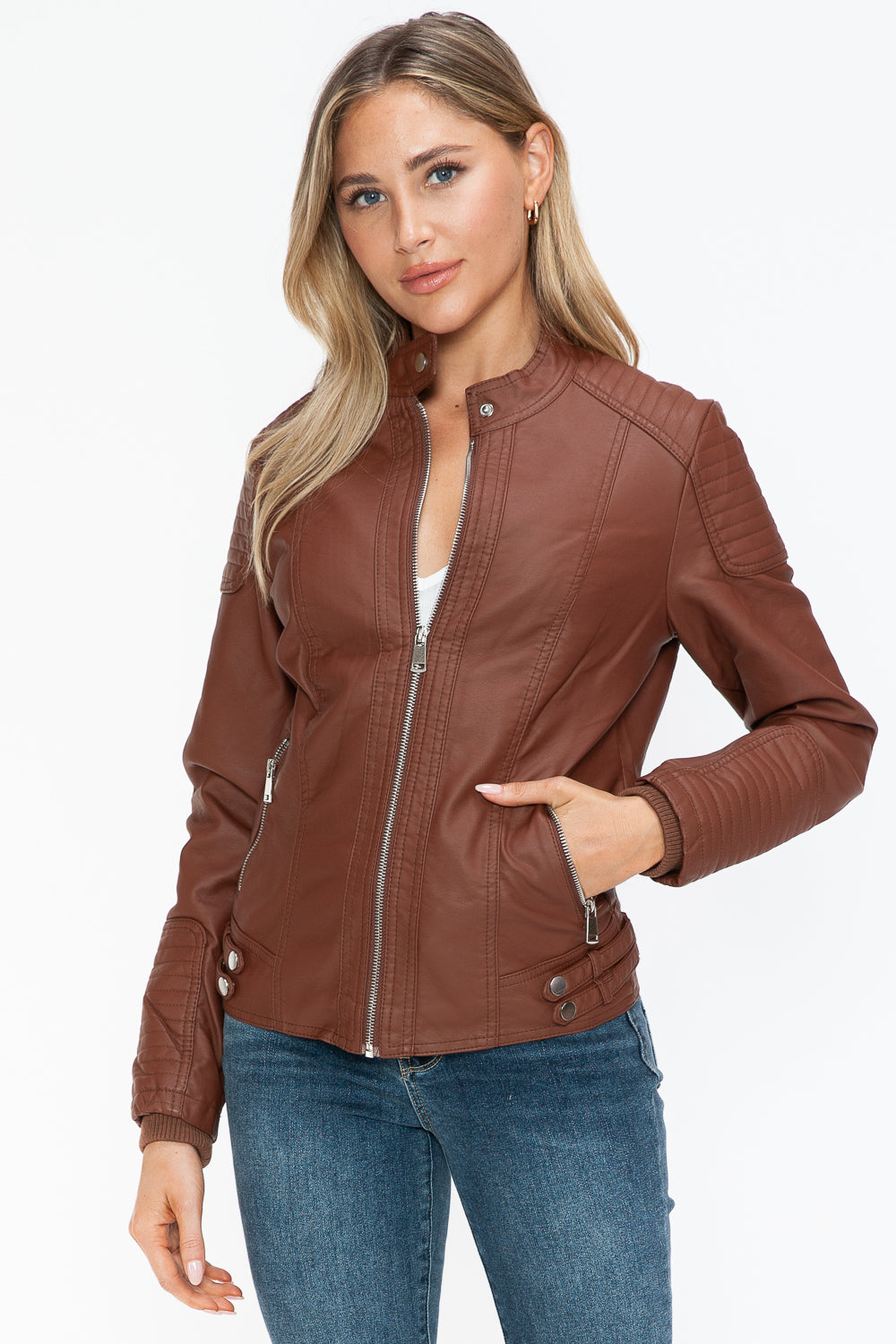 Snobbish A Wild Ride Faux Leather Biker Jacket with Side Zip Pockets in Brandy