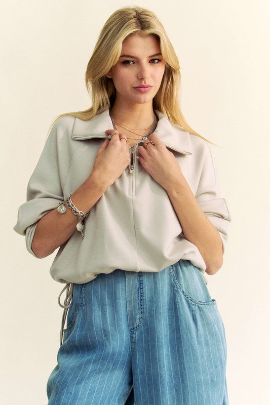 Davi & Dani Good Vibes Only Drawstring Hem Half Zip Raglan Sleeve Sweatshirt in Warm Grey