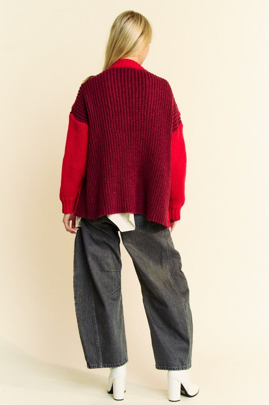 Davi & Dani Festive and Cozy Cable-Knit Color Block Open Front Cardigan