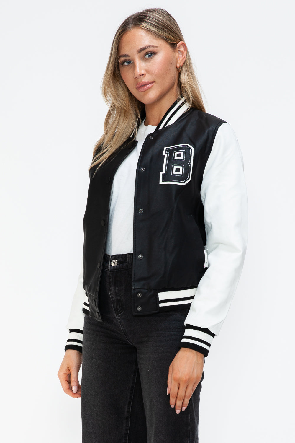 Love Me Now Bring The Love PU Leather Contrast Snap Down Bomber Jacket in Black/ White