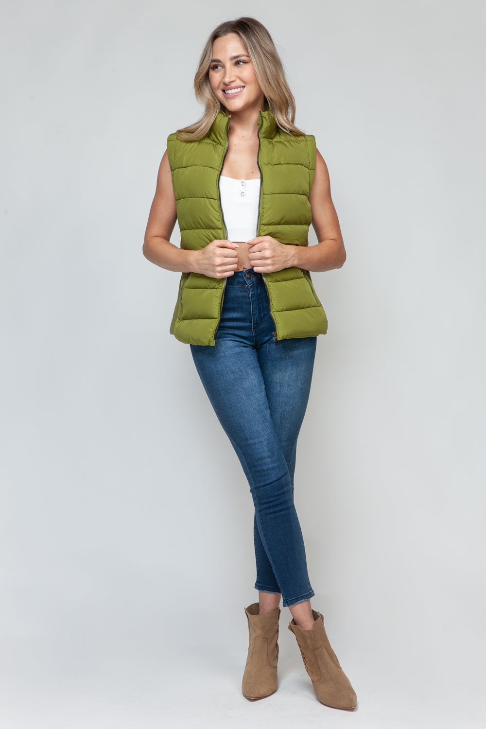 Snobbish Feeling Snug Zip Up Turtleneck Vest with Pockets in Cardamom Seed