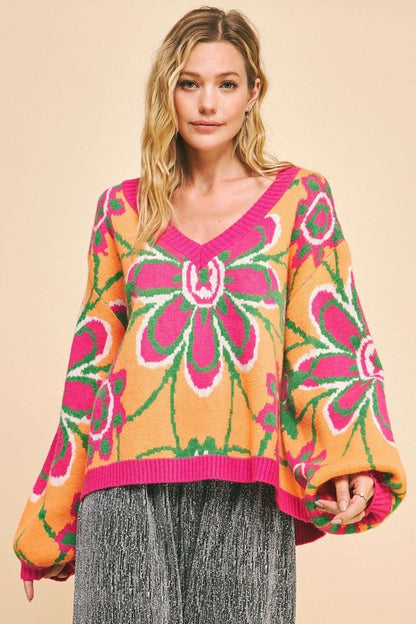Davi & Dani Neon Sunshine Floral Contrast V-Neck Dropped Shoulder Sweater