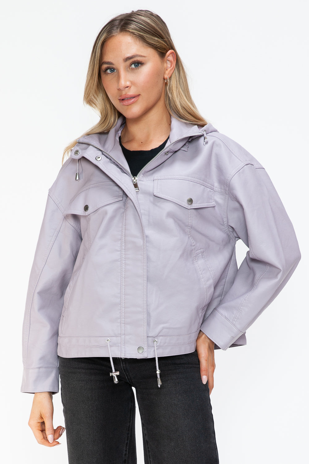 How Dare U My Favorite Layer Drawstring Hem PU Leather Zip Up Jacket in Lilac