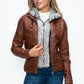 YMI Fuzzy Feels Faux Layered Double-Zipper Jacket with Fuzzy Hood in Brandy