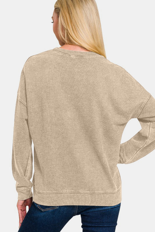 Zenana Laid Back Vibes Washed Dropped Shoulder Sweatshirt in Khaki