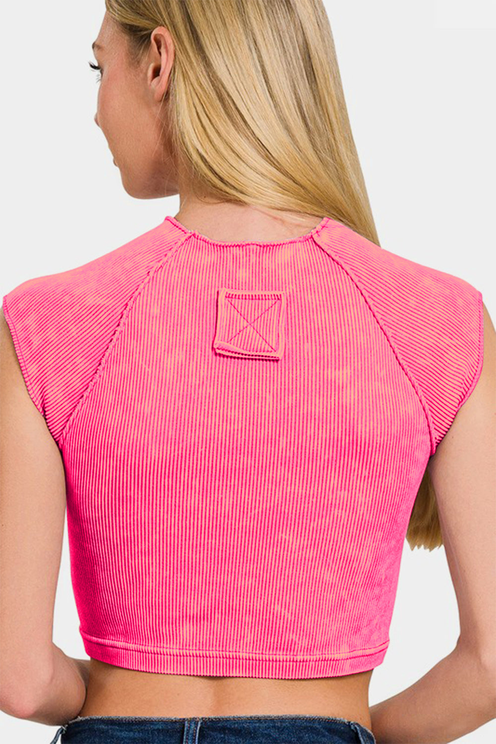 Zenana Back At It Again Ribbed Round Neck Cropped Top in Hot Pink
