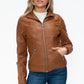 YMI Fuzzy Feels Faux Layered Double-Zipper Jacket with Fuzzy Hood in Camel