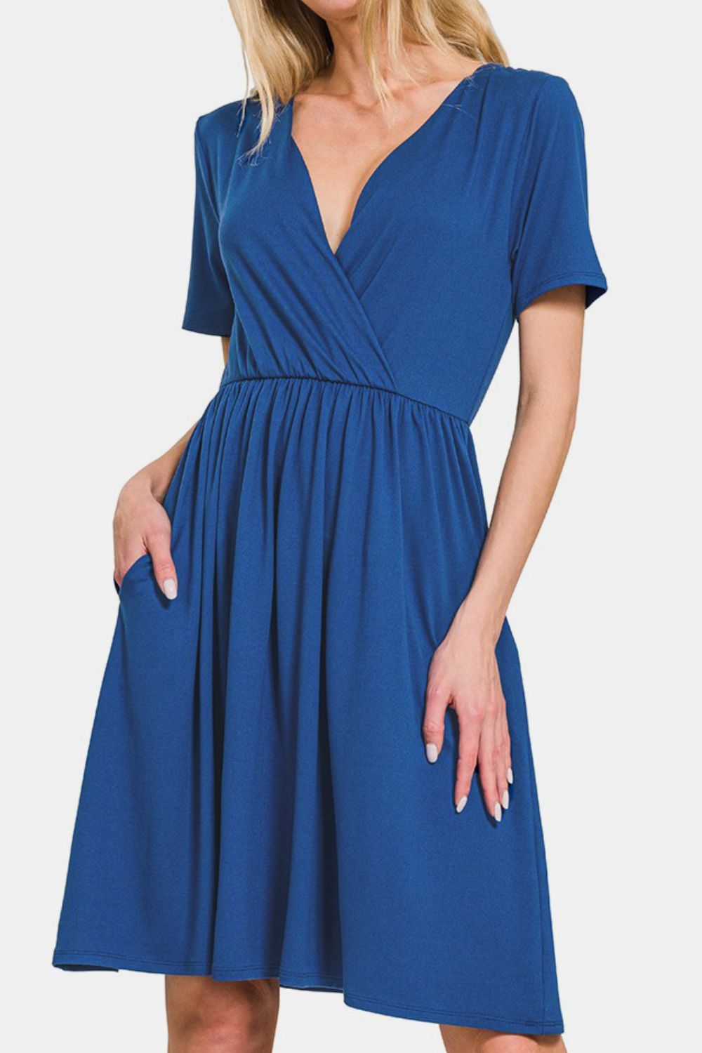 Zenana On The Right Track Surplice Short Sleeve Brushed DTY Dress in Navy
