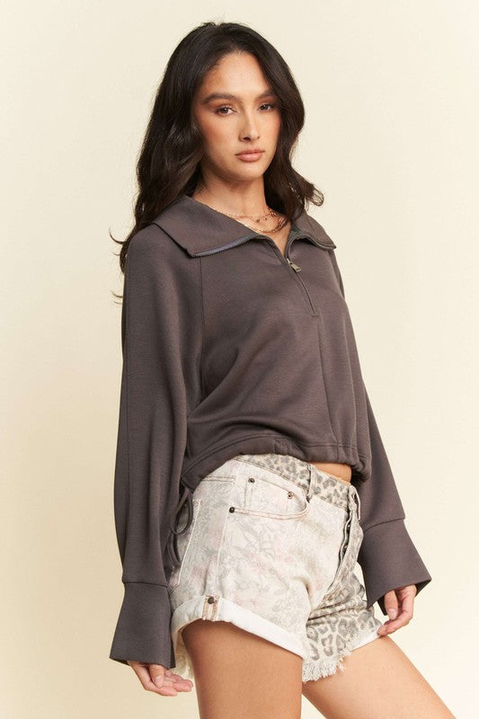 Davi & Dani Good Vibes Only Drawstring Hem Half Zip Raglan Sleeve Sweatshirt in Coffee Brown